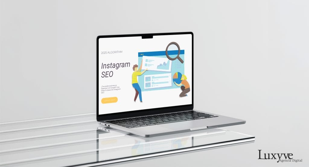 Mockup de una laptop abierta sobre una superficie de vidrio, mostrando una ilustración del tema “Instagram SEO”. En pantalla se lee el título “Instagram SEO” junto a gráficos y personajes ilustrados, en referencia a la optimización de publicaciones para buscadores.